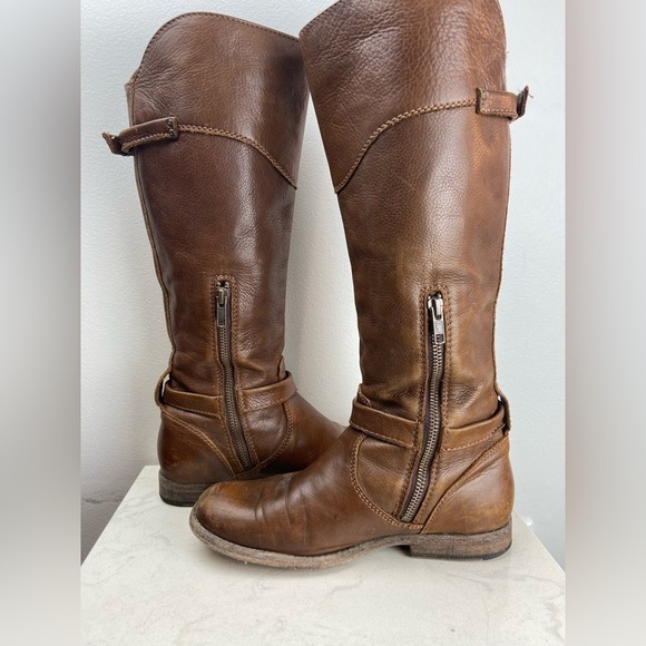 FRYE Phillip Pebbled Leather Knee High Roding Boots Brown Buckle - Picture 15 of 16